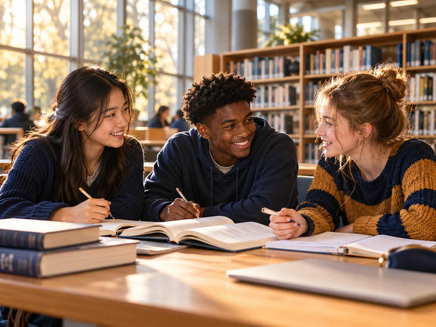 Three high school students sharing books and working together in a library